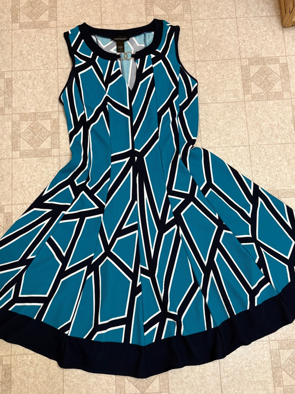 Ashley Stewart Teal Blue Geometric Abstract Print Sleeveless MIDI Dress Size 12